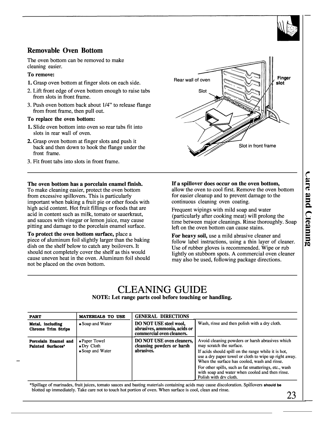 GE 164 D2588P120, MNU109I, JGSC12GER, 49-8319 operating instructions Cleaning Guide, Removable Oven Bottom 