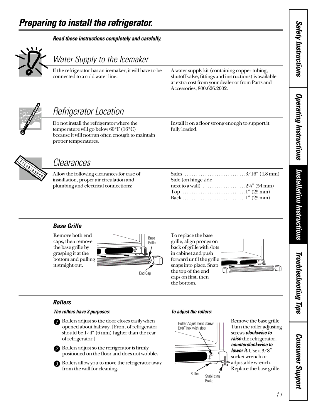 GE Model 21 installation instructions Preparing to install the refrigerator, Tips Consumer Support, Base Grille, Rollers 