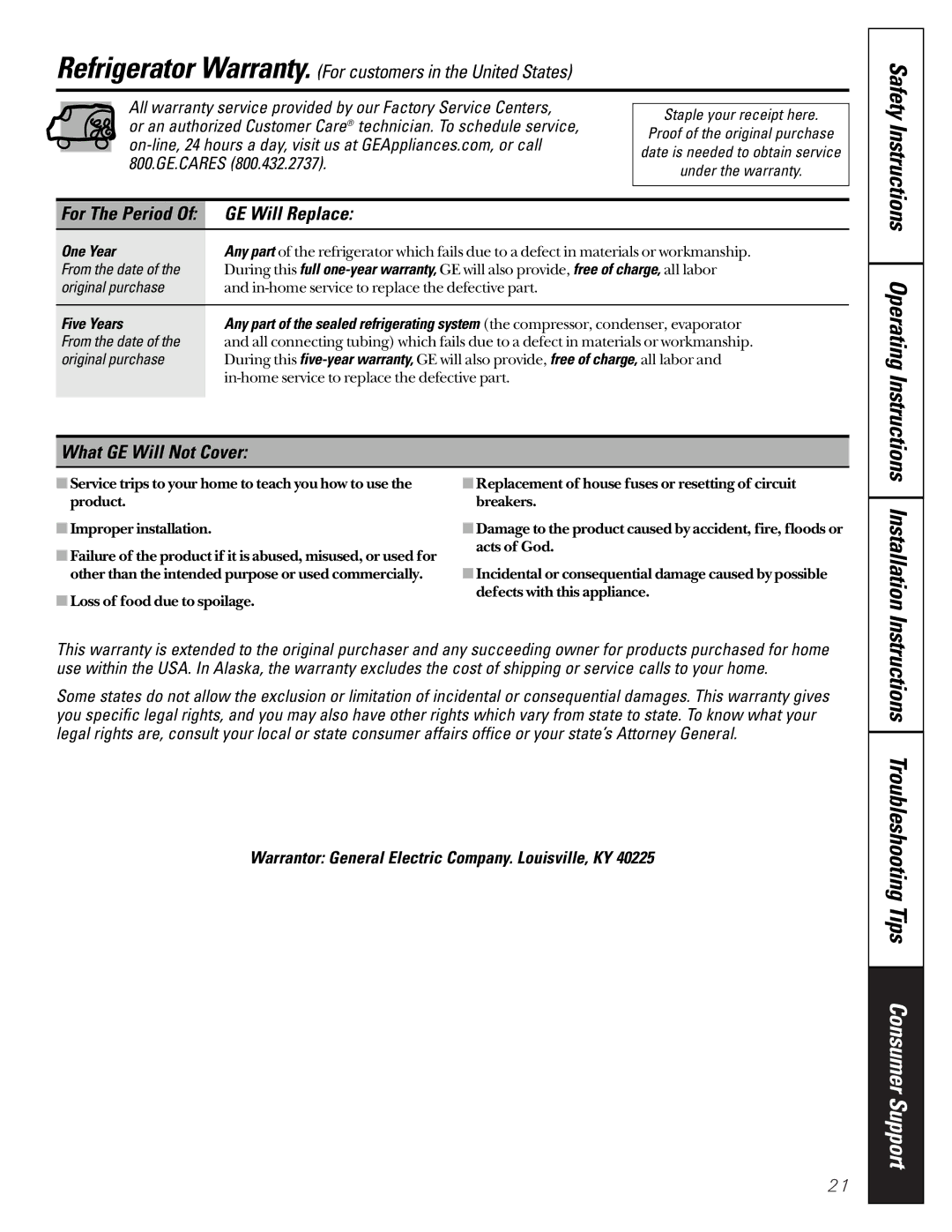 GE Model 21 Installation, Instructions Troubleshooting Tips Consumer Support, GE Will Replace, What GE Will Not Cover 