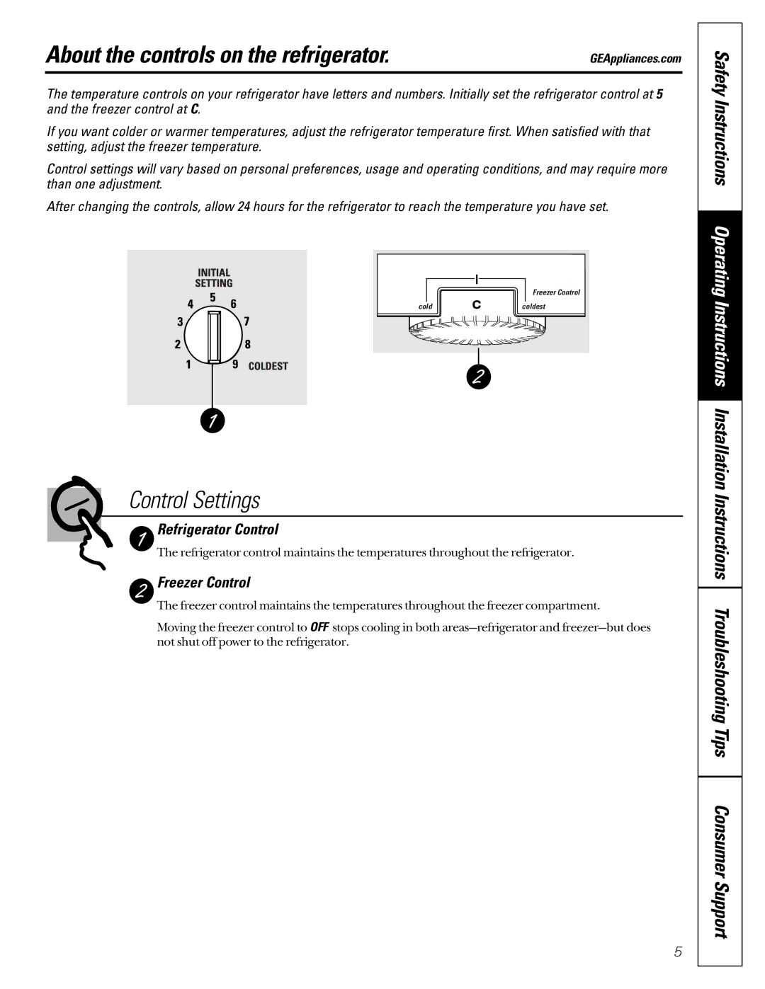 GE Model 21 installation instructions About the controls on the refrigerator, Refrigerator Control, Freezer Control 