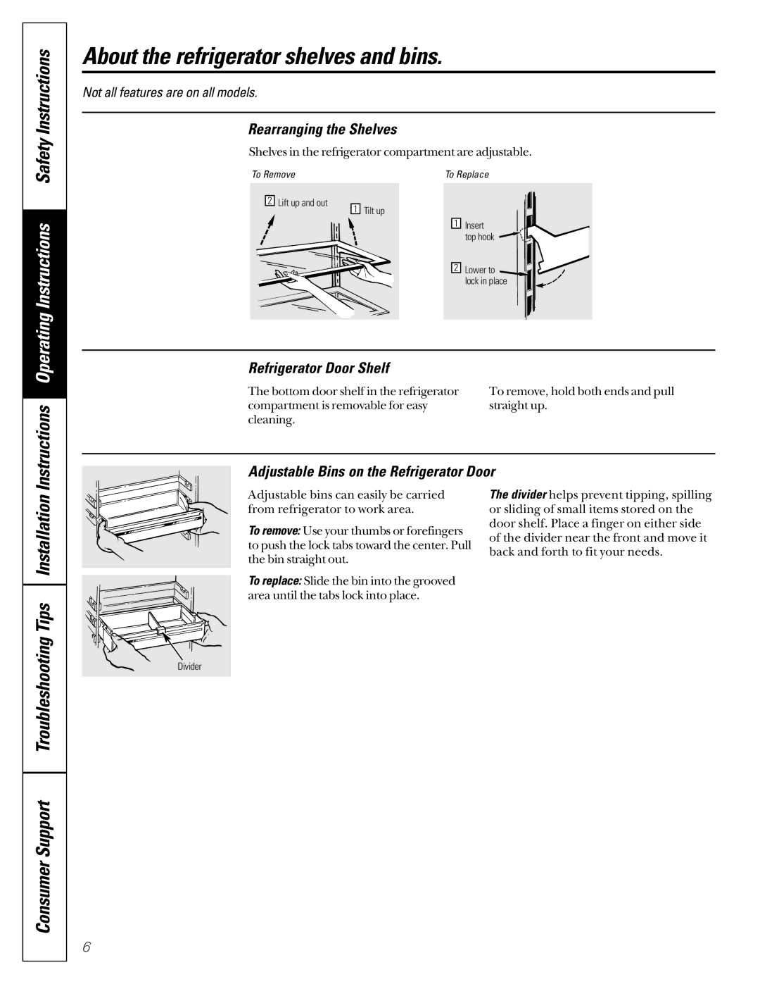 GE Model 21 installation instructions About the refrigerator shelves and bins, Safety Instructions, Tips Installation 