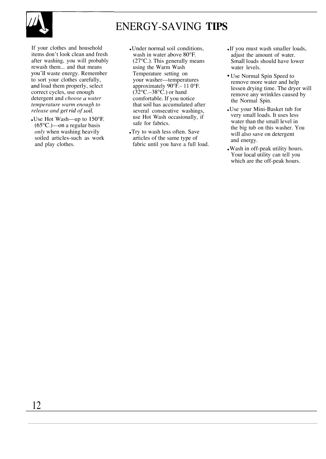 GE MODEL WA7800R operating instructions Energy-Saving Tws 