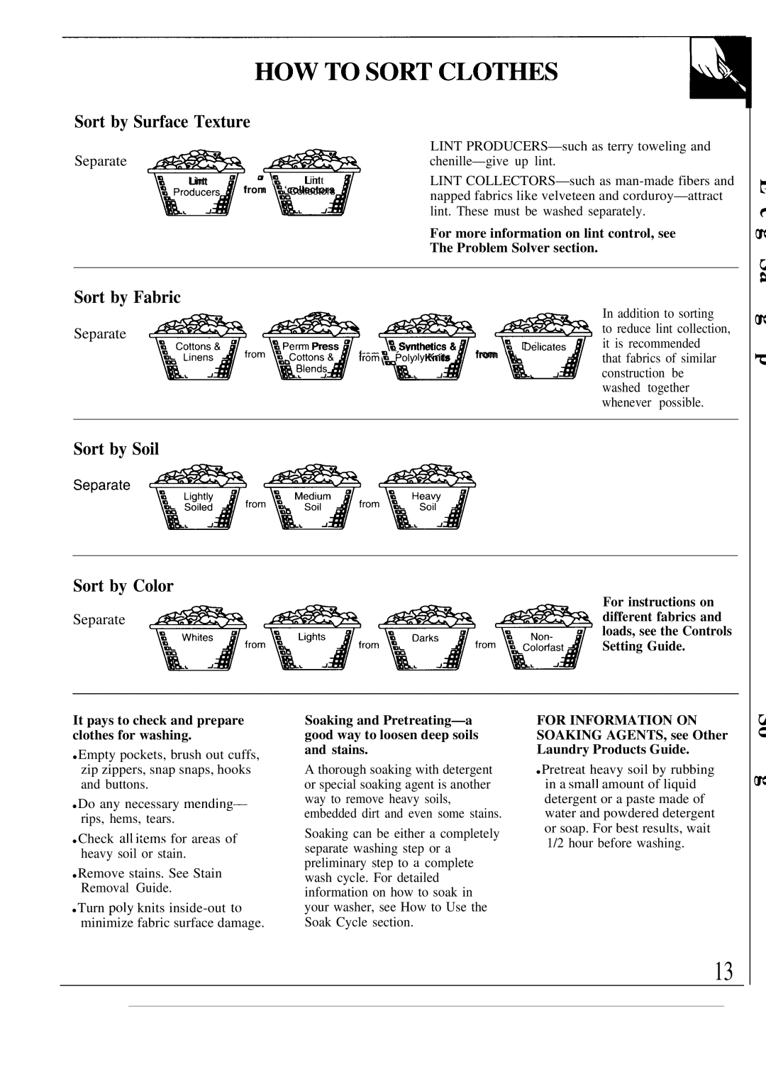 GE MODEL WA7800R operating instructions Sort by Surface Texture, Sort by Fabric, Sort by Soil Sort by Color 