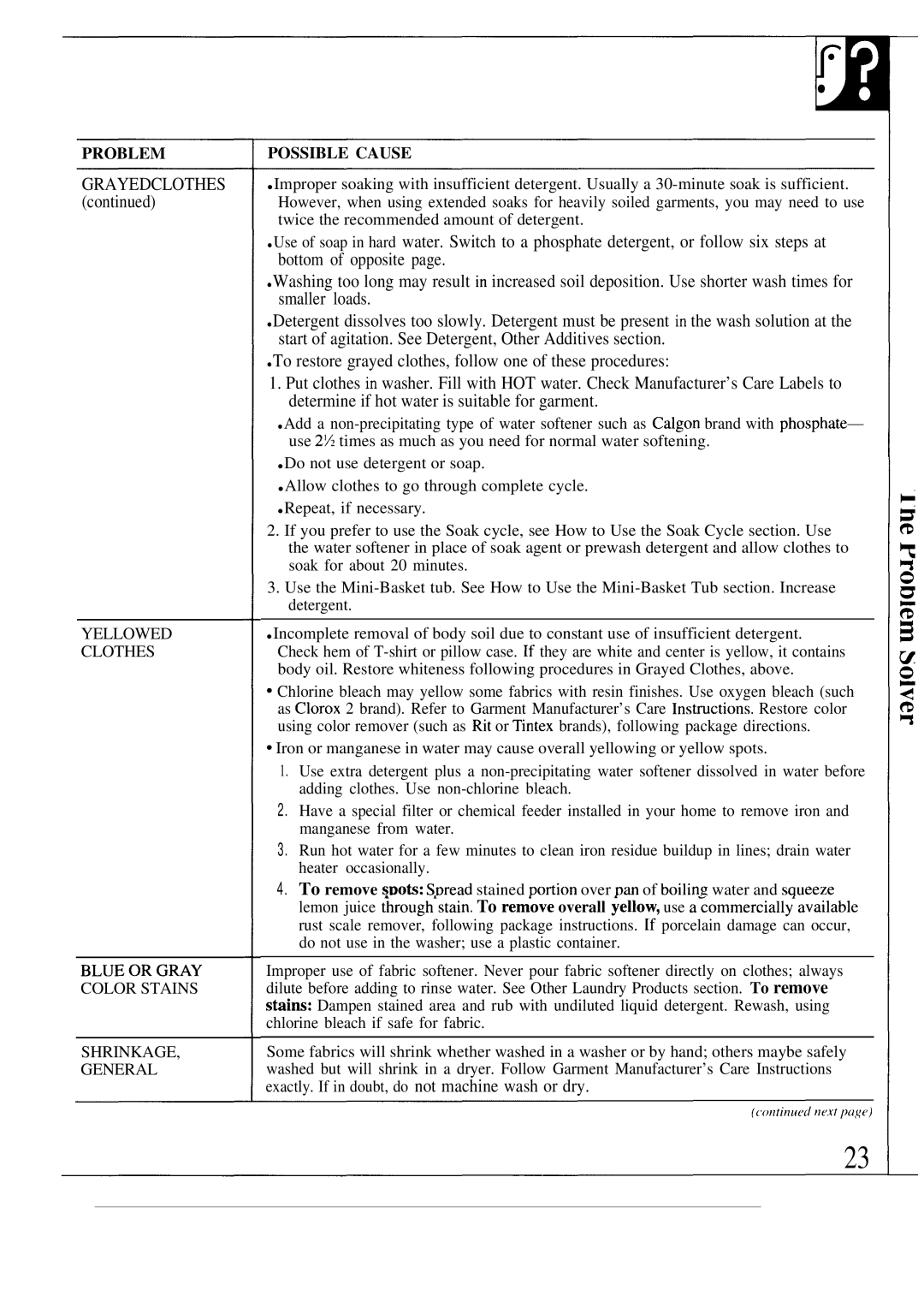 GE MODEL WA7800R operating instructions Yellowed Clothes Blueorgray Color Stains Shrinkage General 