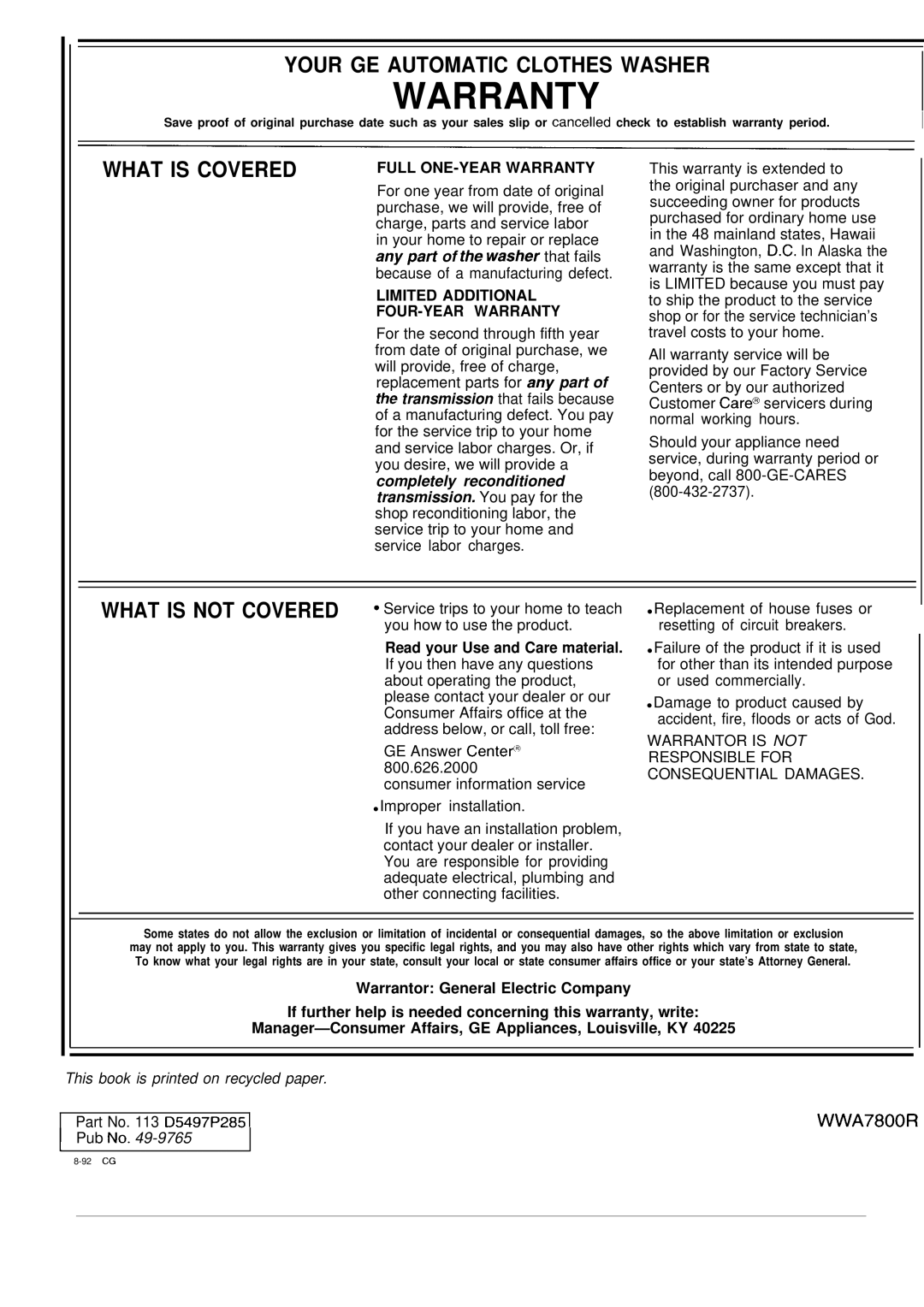 GE MODEL WA7800R operating instructions Warranty 