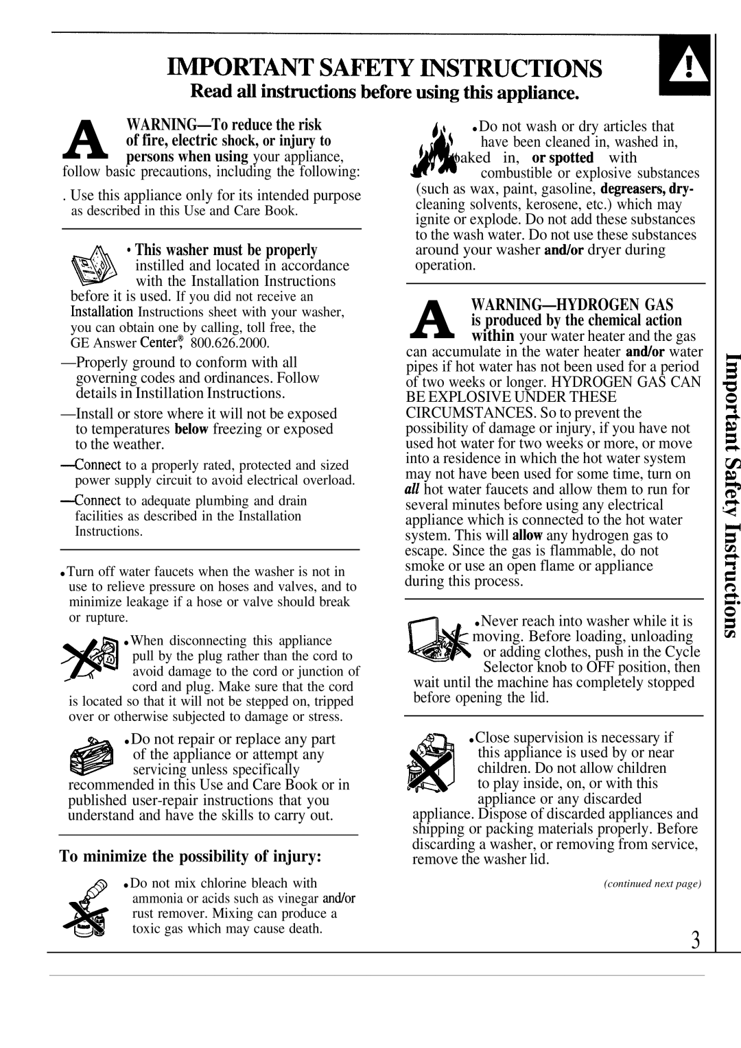 GE MODEL WA7800R operating instructions This washer must be properly, To minimize the possibility of injury 