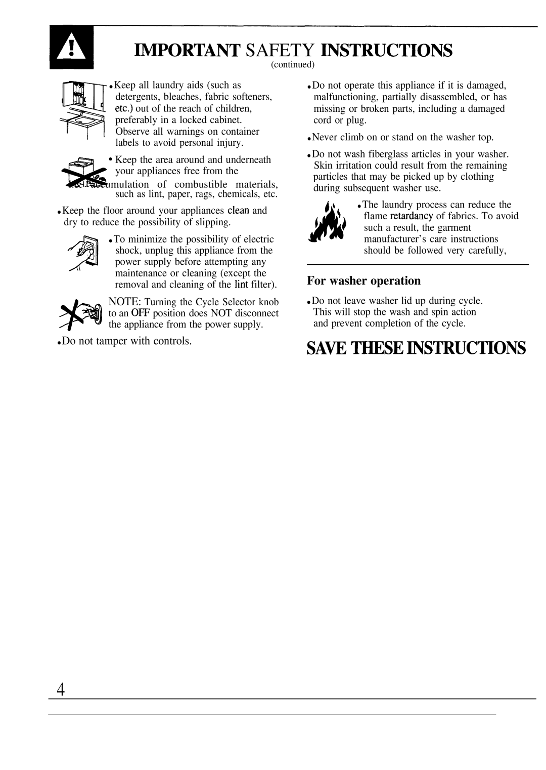 GE MODEL WA7800R operating instructions Wortant Safety ~STRUCTIONS, For washer operation 