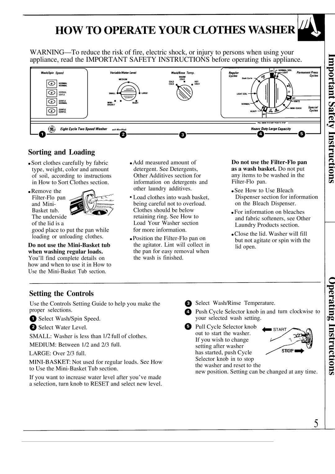 GE MODEL WA7800R operating instructions Sorting and Loading, Setting the Controls 