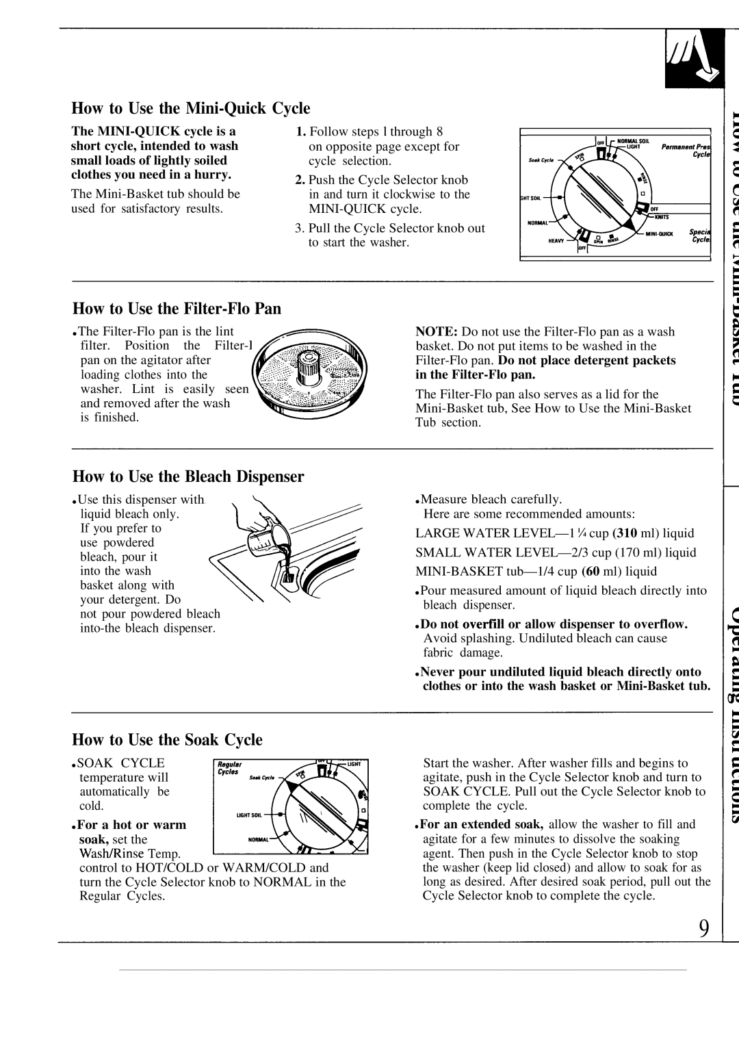 GE MODEL WA7800R How to Use the Mini-Quick Cycle, How to Use the Filter-Flo Pan, How to Use the Bleach Dispenser 