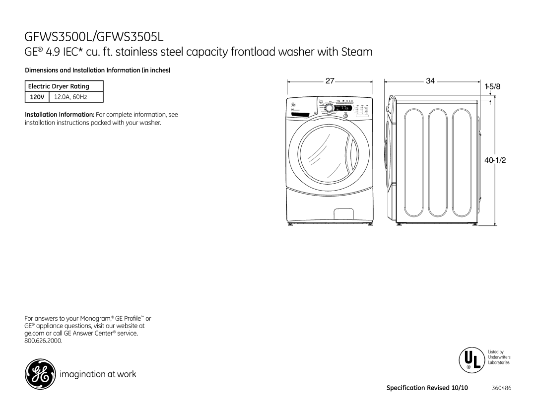 GE ModelGFWS3500LWW, ModelGFWS3505LMV, GFWS3505LMS dimensions 12.0A, 60Hz, Specification Revised 10/10 