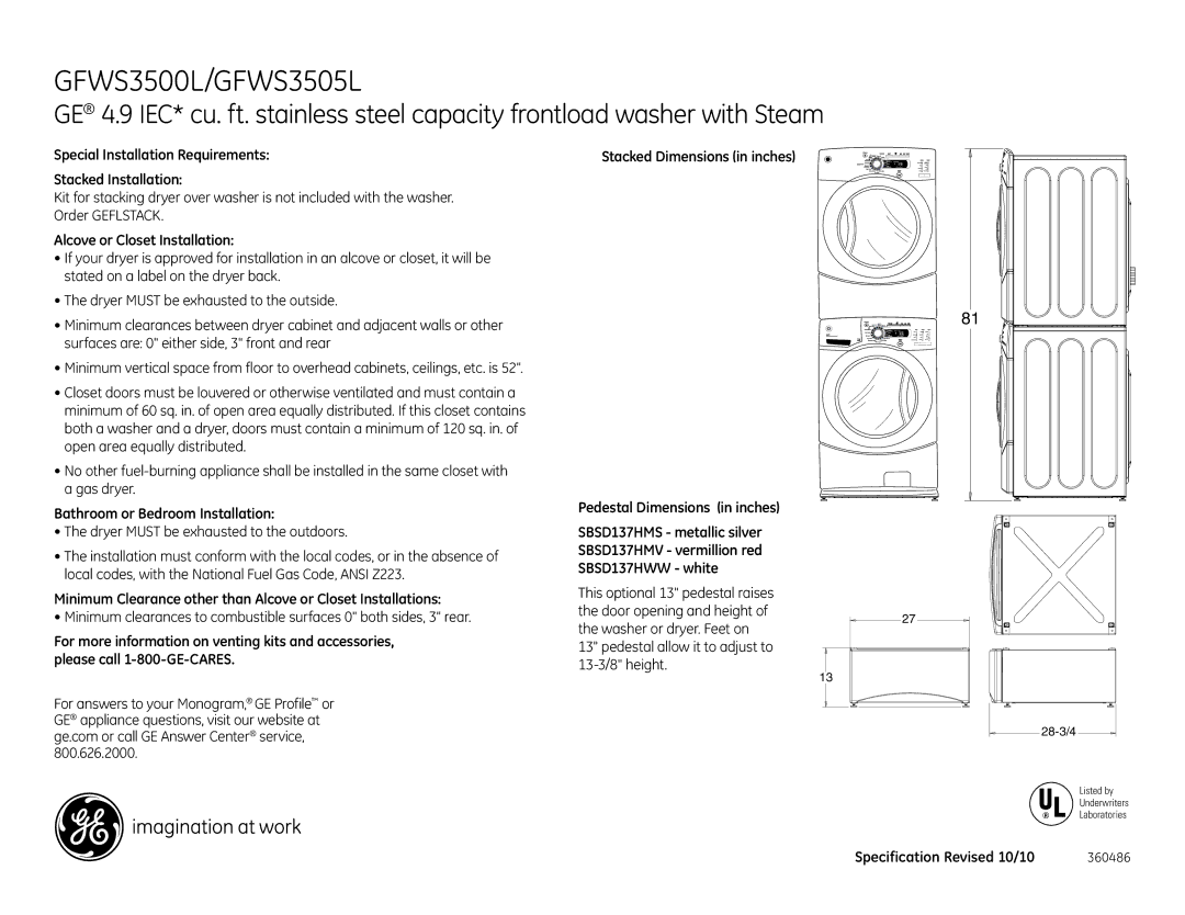 GE ModelGFWS3505LMV, GFWS3505LMS Special Installation Requirements Stacked Installation, Alcove or Closet Installation 