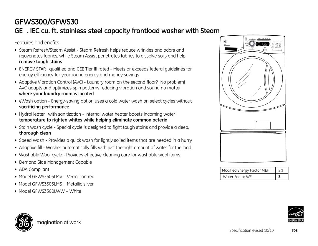 GE GFWS3505LMS, ModelGFWS3505LMV, ModelGFWS3500LWW Features and Benefits, Water Factor WF Specification Revised 10/10 