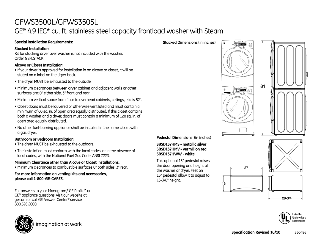 GE GFWS3505L Special Installation Requirements Stacked Installation, Alcove or Closet Installation, 360486, 28-3/4 