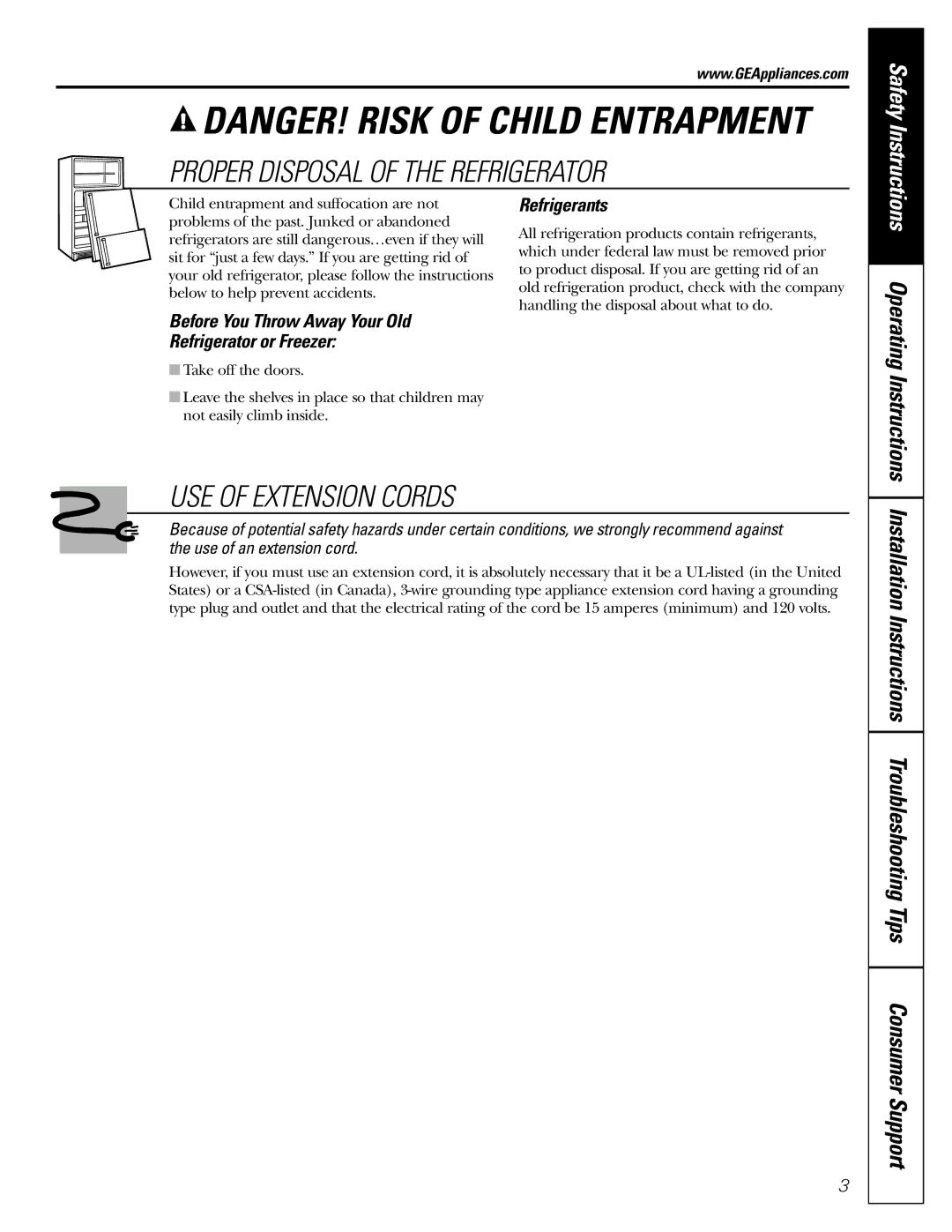 GE MODELS 18 AND 19 Proper Disposal of the Refrigerator, USE of Extension Cords, Operating Instructions, Refrigerants 