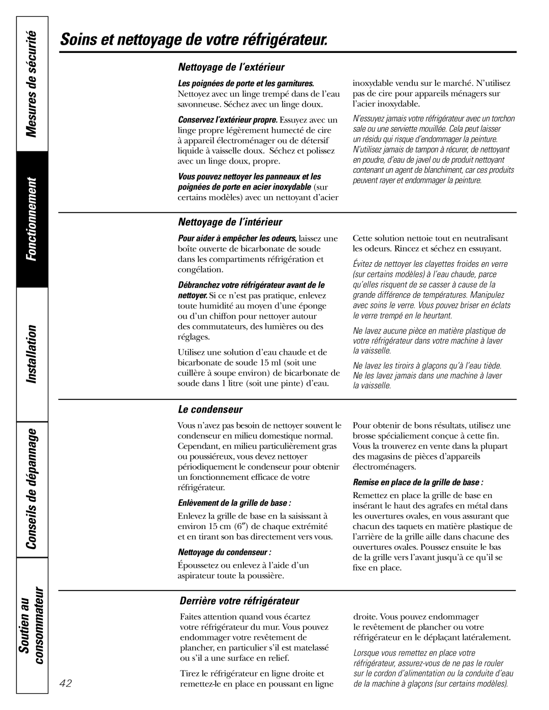 GE MODELS 18 AND 19 installation instructions Soins et nettoyage de votre réfrigérateur, Mesures de, Consommateur 