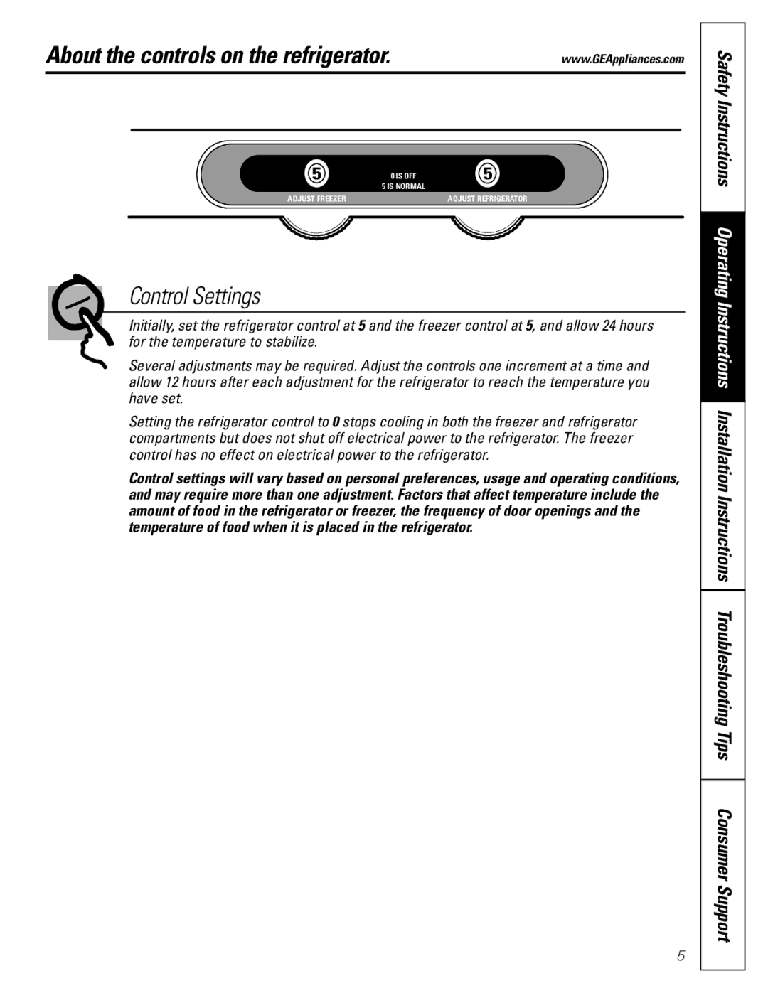 GE MODELS 18 AND 19 installation instructions About the controls on the refrigerator, Control Settings 