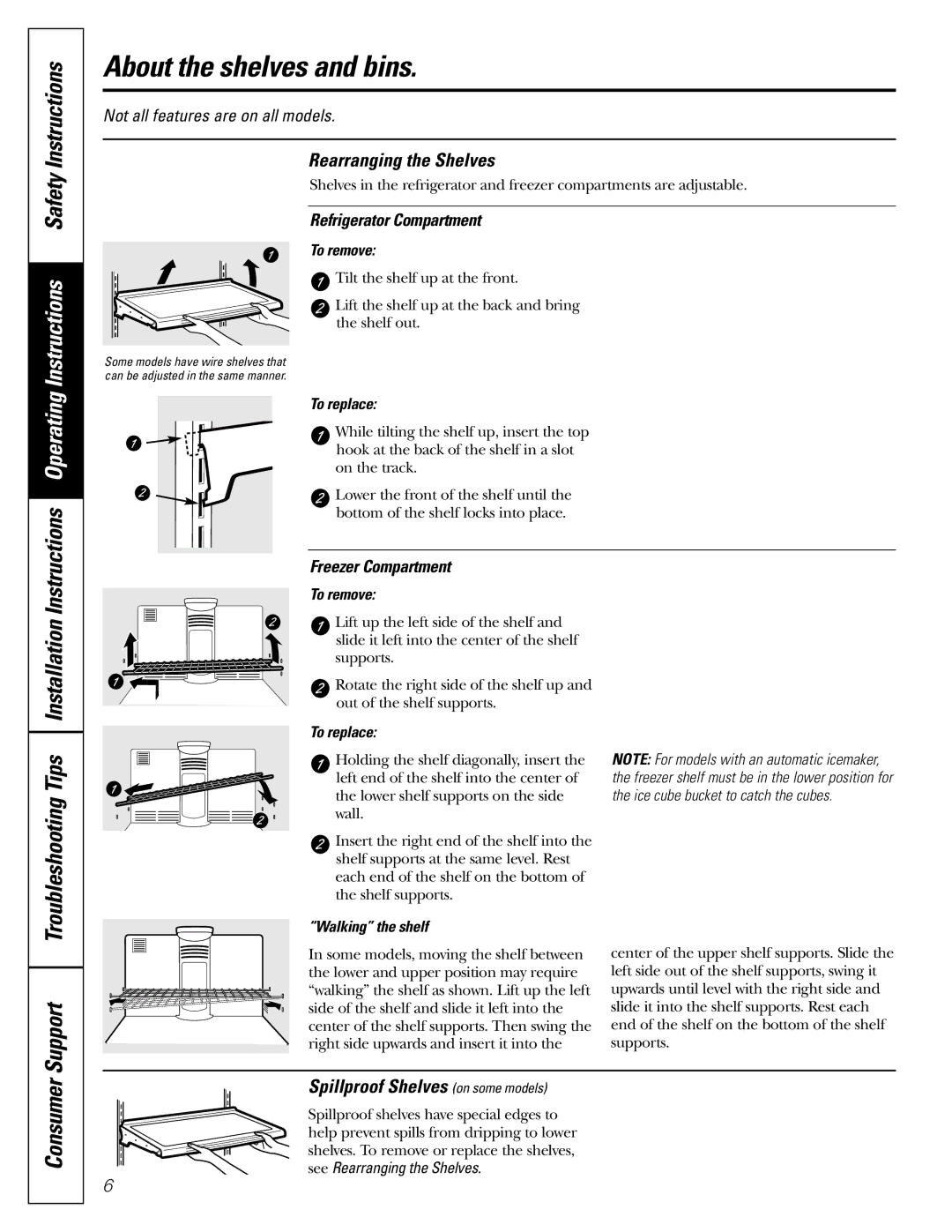 GE MODELS 18 AND 19 About the shelves and bins, Instructions Operating Instructions Safety Instructions, Support, Consumer 