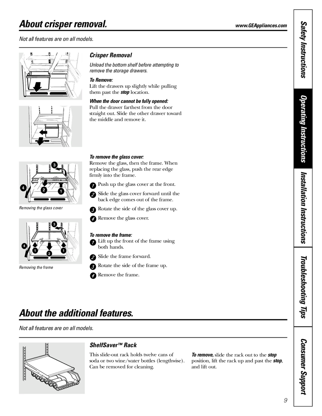 GE MODELS 18 AND 19 installation instructions About crisper removal, About the additional features, Tips Consumer Support 