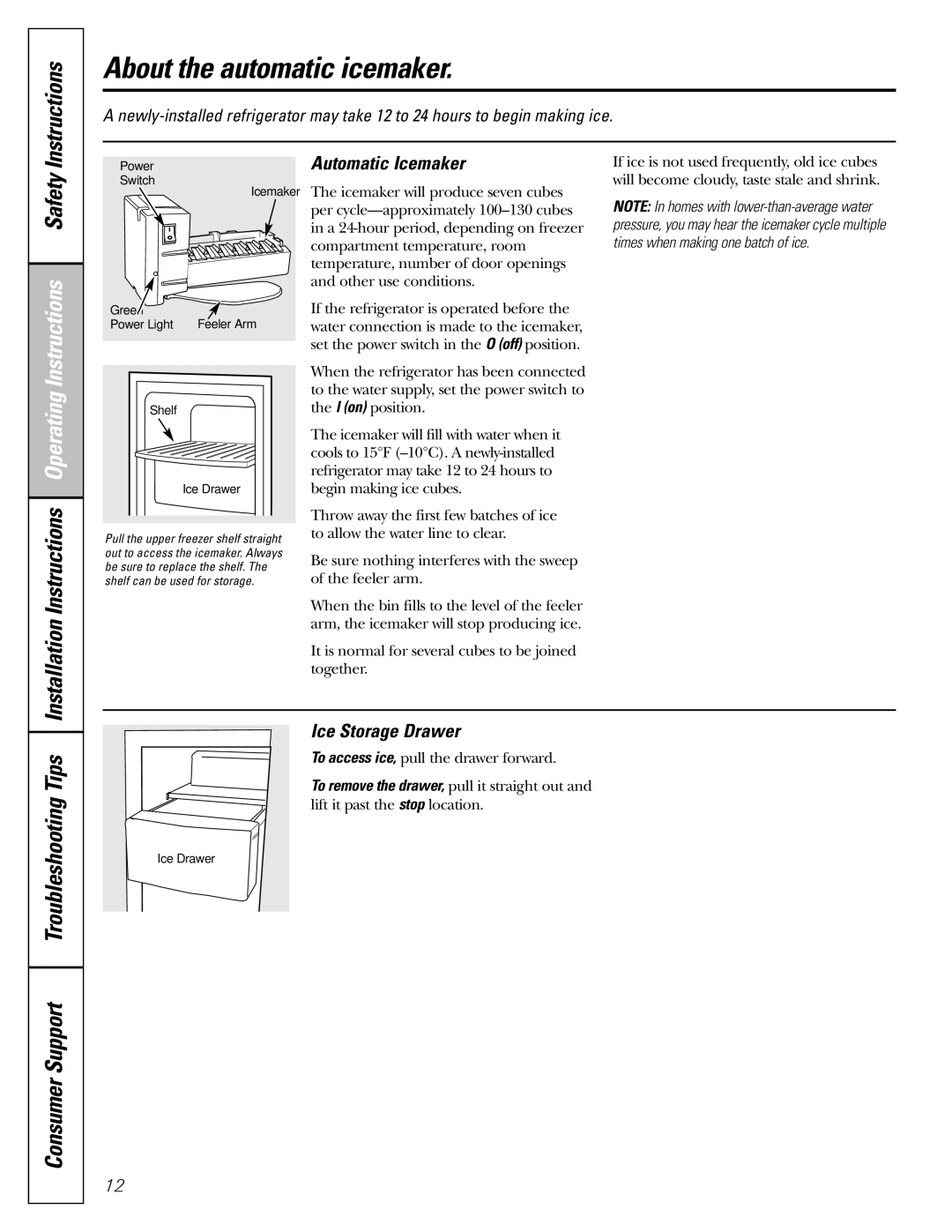 GE MODELS 23 AND 25 installation instructions About the automatic icemaker, Automatic Icemaker, Ice Storage Drawer 