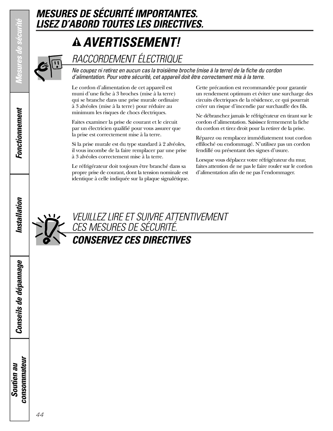 GE MODELS 23 AND 25 Raccordement Électrique, Installation Conseils de dépannage Soutien au Consommateur 