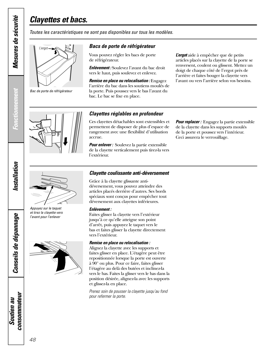 GE MODELS 23 AND 25 installation instructions Clayettes et bacs, De sécurité, Conseils de dépannage Soutien au Consommateur 