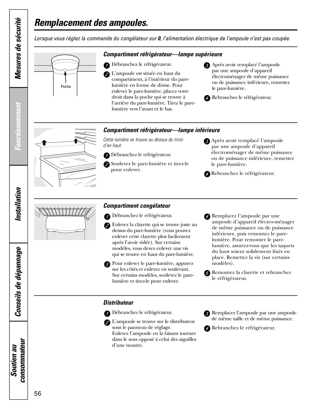 GE MODELS 23 AND 25 Remplacement des ampoules, Compartiment réfrigérateur-lampe supérieure, Compartiment congélateur 