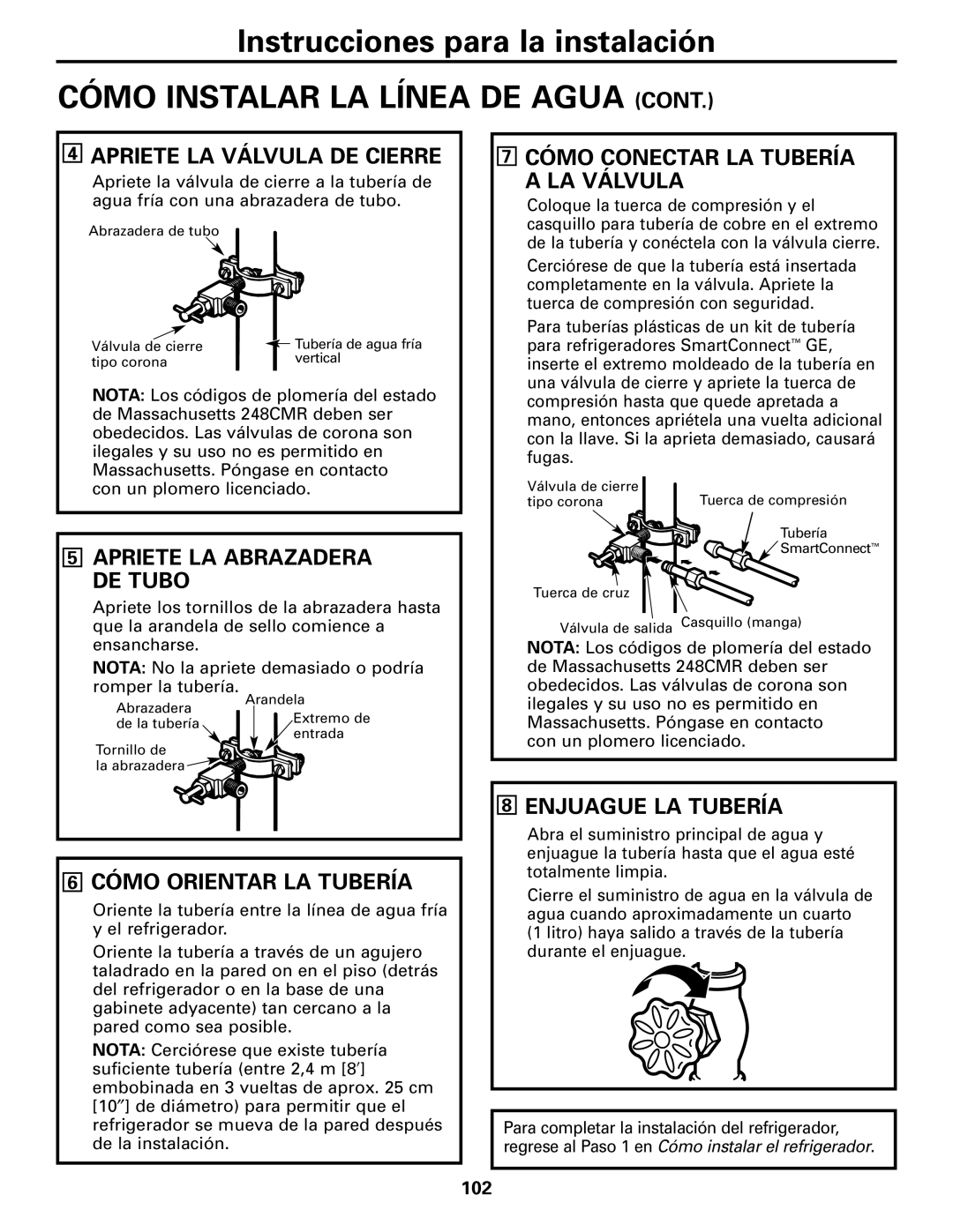 GE MODELS 23 AND 25 Instrucciones para la instalación CÓMO INSTALAR LA LÍNEA DE AGUA CONT, Apriete La Válvula De Cierre 