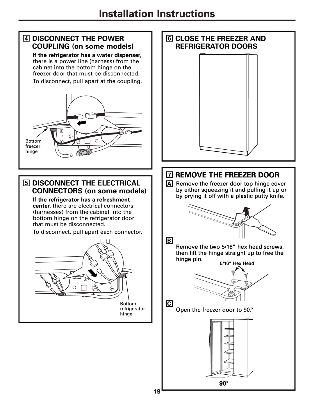 GE MODELS 23 AND 25 Installation Instructions, Remove The Freezer Door, DISCONNECT THE POWER COUPLING on some models 