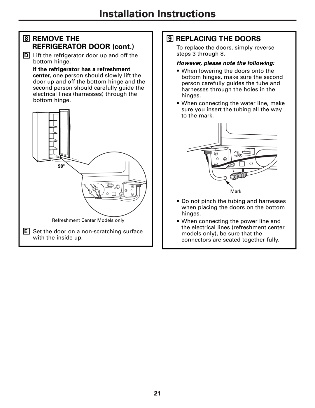 GE MODELS 23 AND 25 Replacing The Doors, However, please note the following, Installation Instructions 