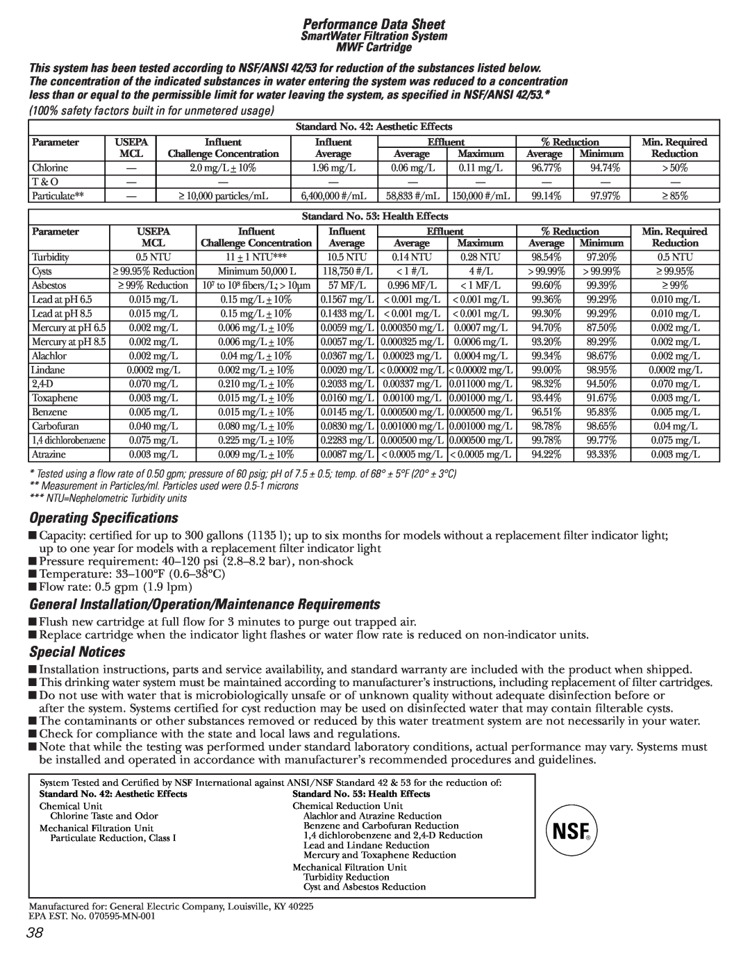 GE MODELS 23 AND 25 installation instructions Performance Data Sheet, Operating Specifications, Special Notices 