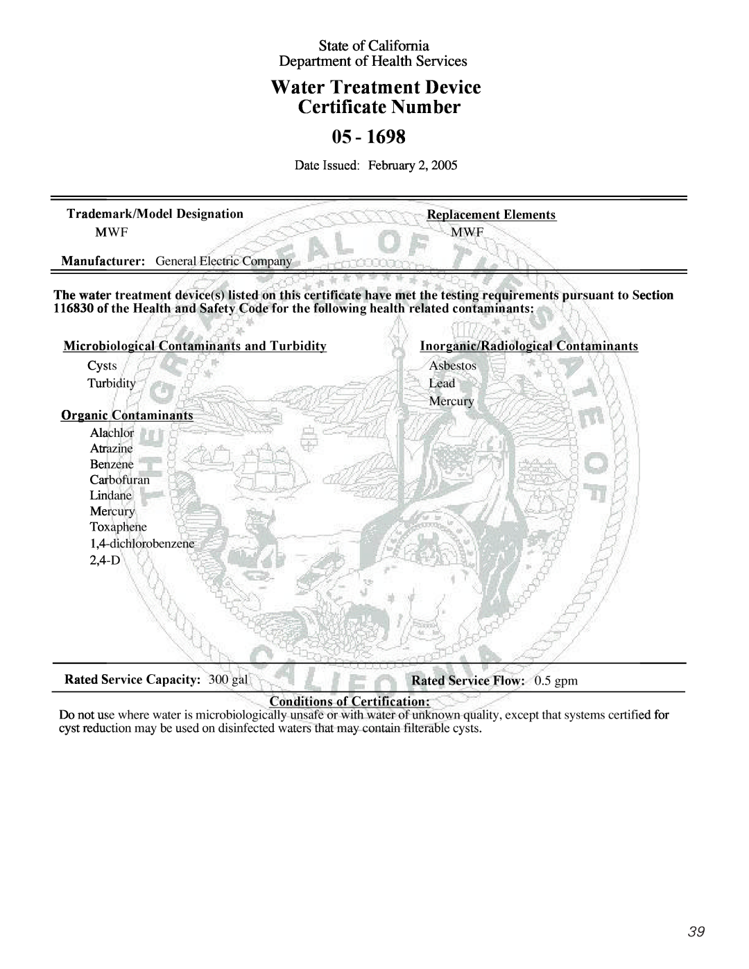 GE MODELS 23 AND 25 Water Treatment Device, Certificate Number, State of California, Department of Health Services 