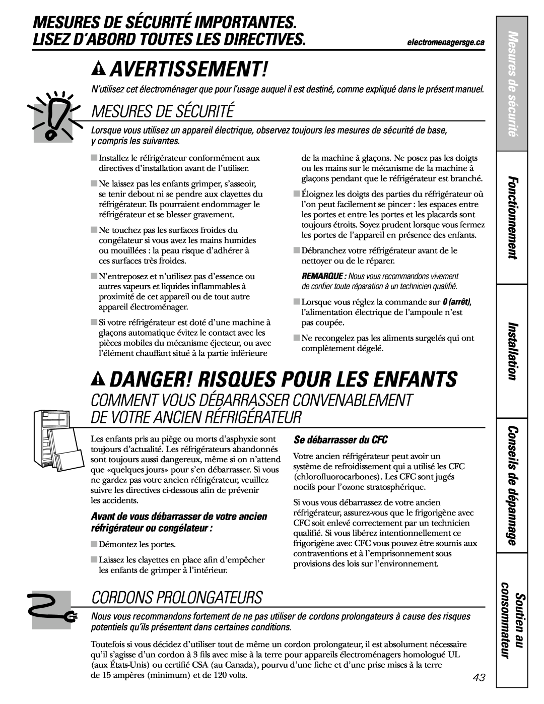 GE MODELS 23 AND 25 Avertissement, Danger! Risques Pour Les Enfants, Mesures De Sécurité Importantes, Fonctionnement 