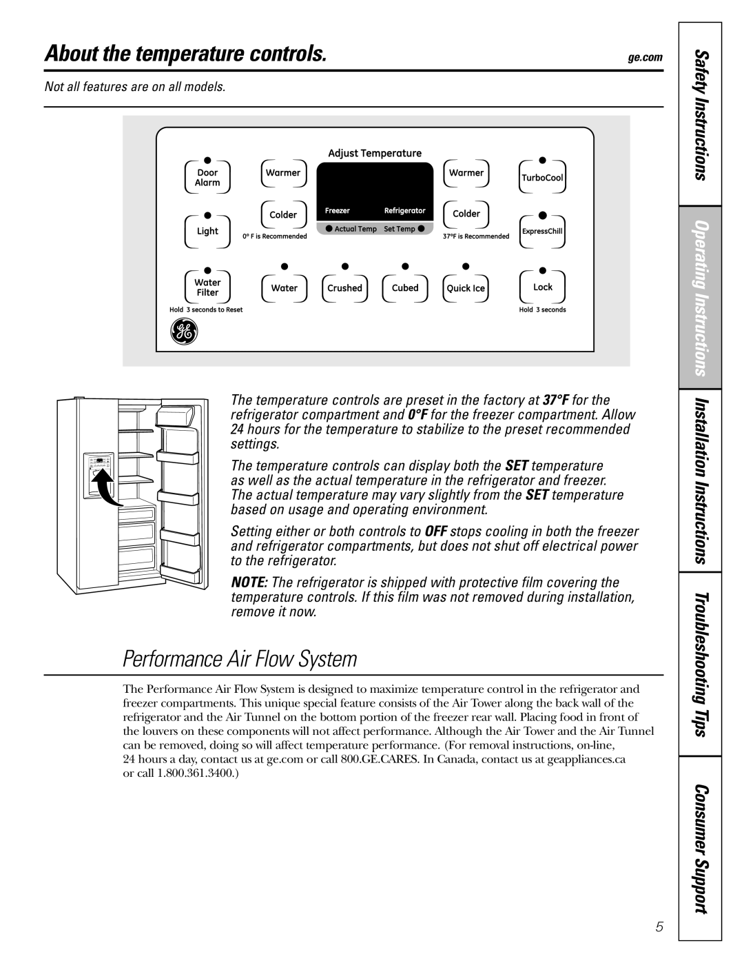 GE MODELS 23 AND 25 installation instructions About the temperature controls, Performance Air Flow System 
