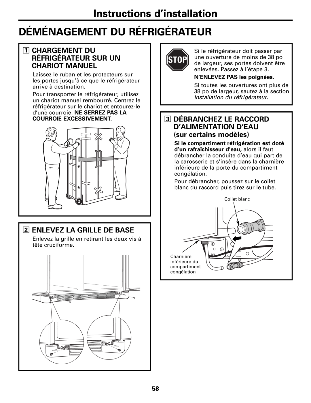 GE MODELS 23 AND 25 Instructions d’installation DÉMÉNAGEMENT DU RÉFRIGÉRATEUR, Enlevez La Grille De Base 
