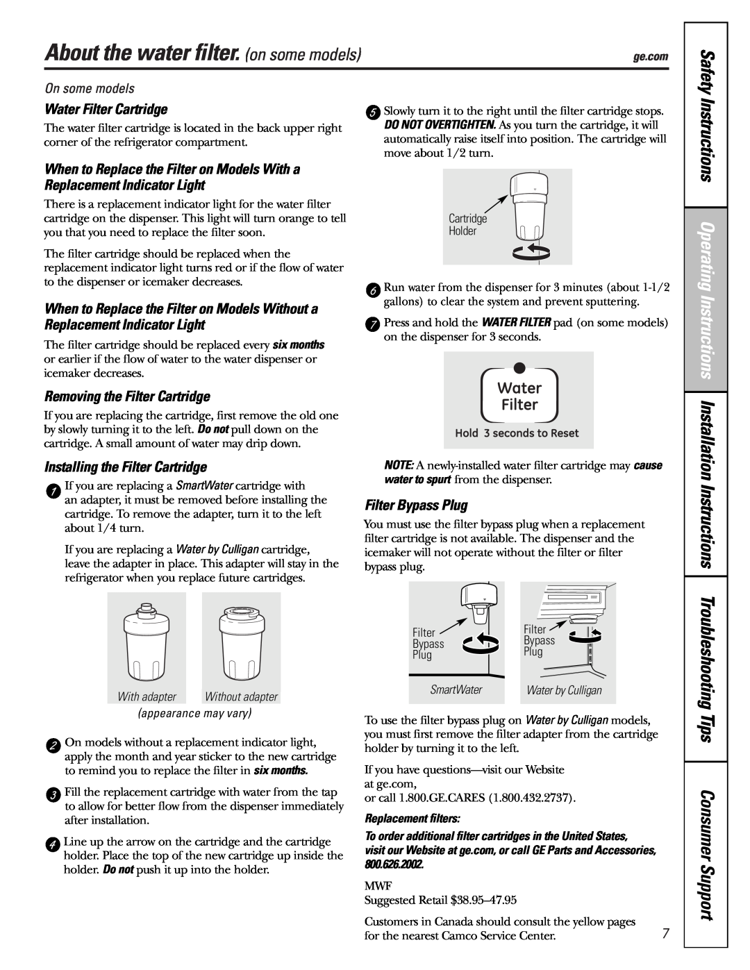 GE MODELS 23 AND 25 About the water filter. on some models, Operating Instructions Installation Instructions, With adapter 