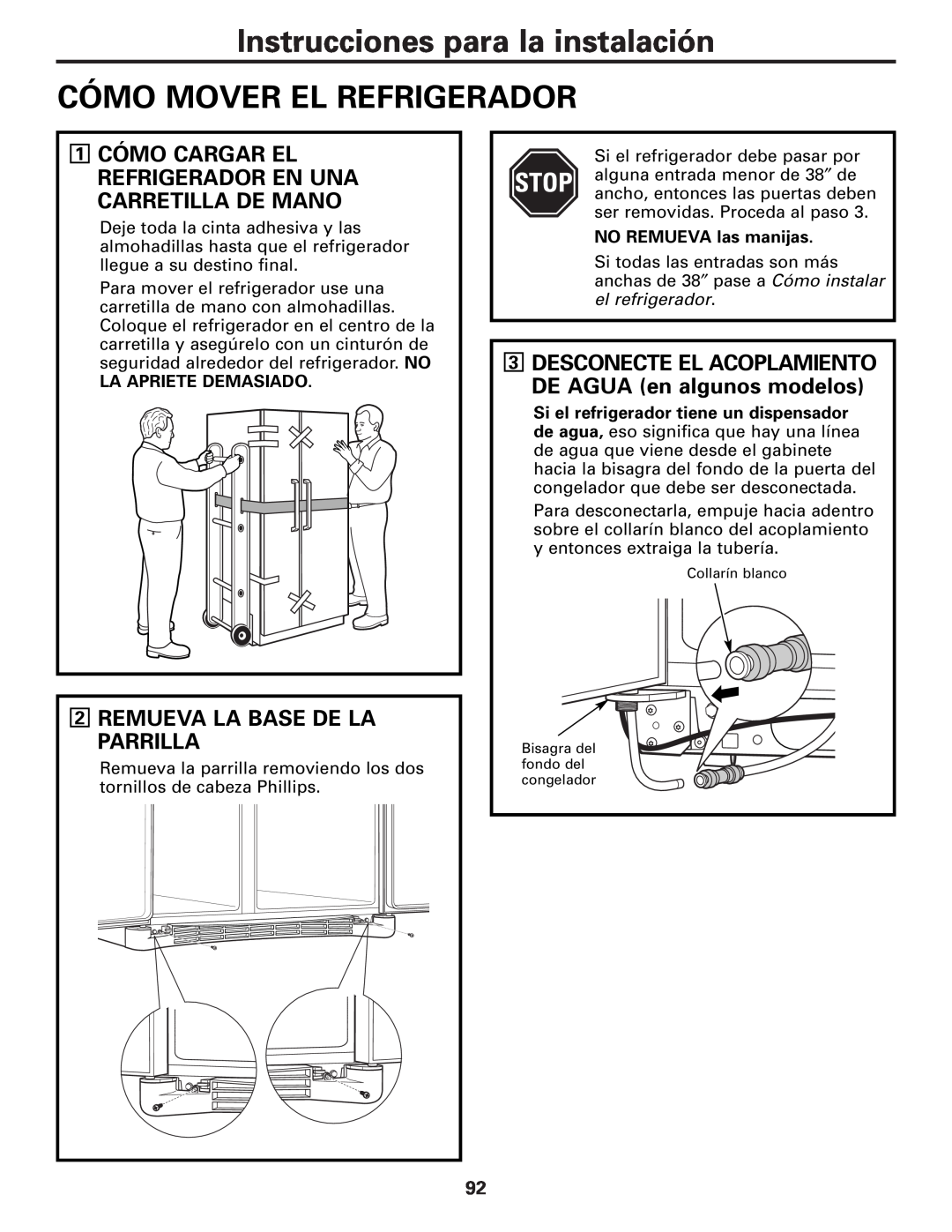 GE MODELS 23 AND 25 Instrucciones para la instalación CÓMO MOVER EL REFRIGERADOR, Remueva La Base De La Parrilla 