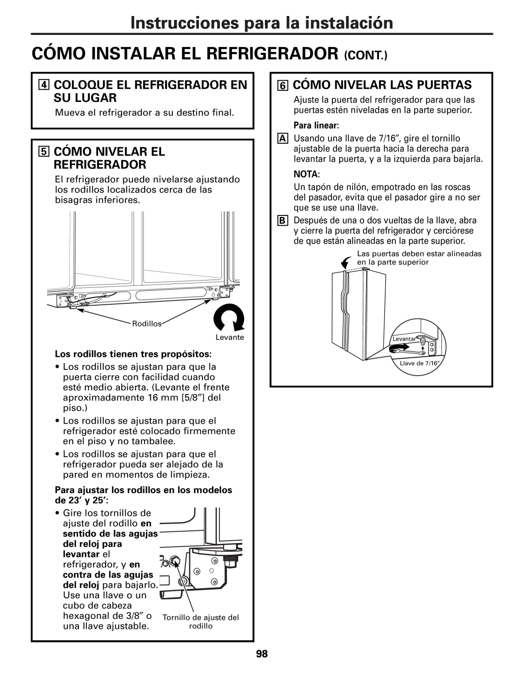 GE MODELS 23 AND 25 Instrucciones para la instalación CÓMO INSTALAR EL REFRIGERADOR CONT, 5 CÓMO NIVELAR EL REFRIGERADOR 