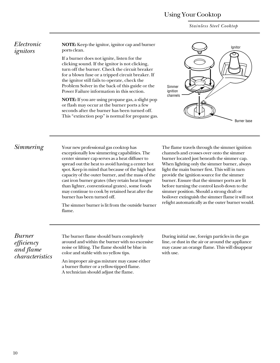 GE Monogram 164D3333P027 manual Electronic ignitors, Simmering, Burner efficiency and flame characteristics 