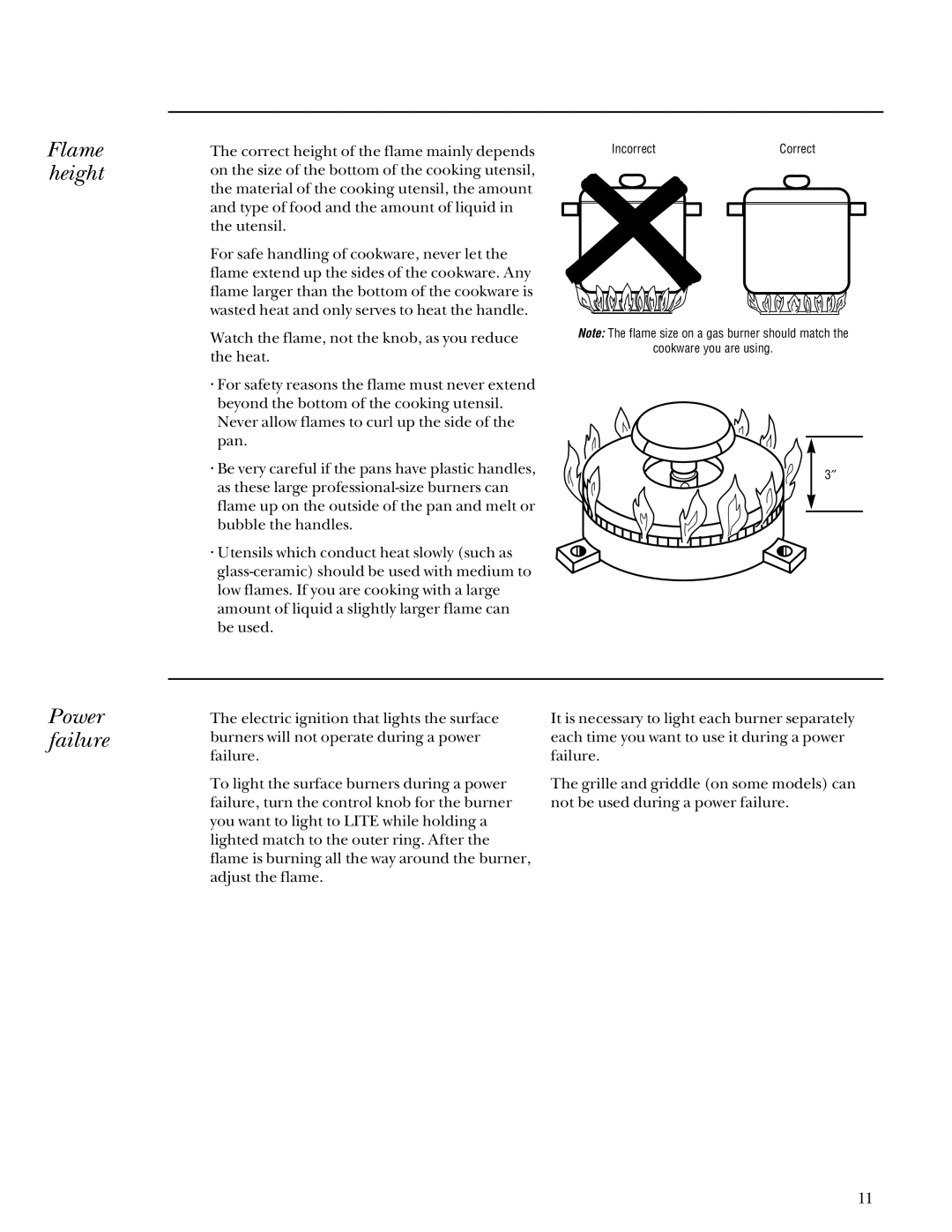 GE Monogram 164D3333P027 manual Flame height, Power failure 