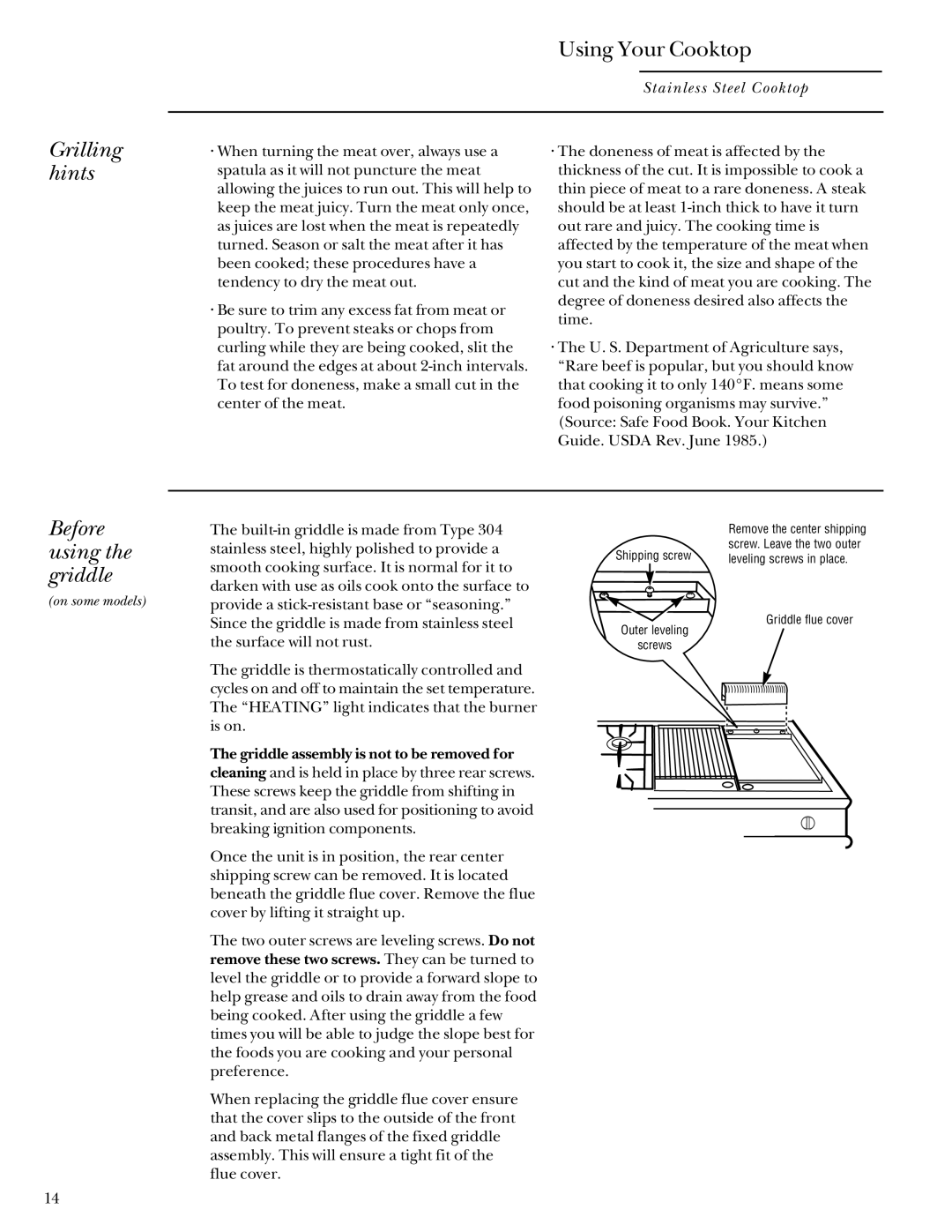 GE Monogram 164D3333P027 manual Grilling hints, Before using the griddle 