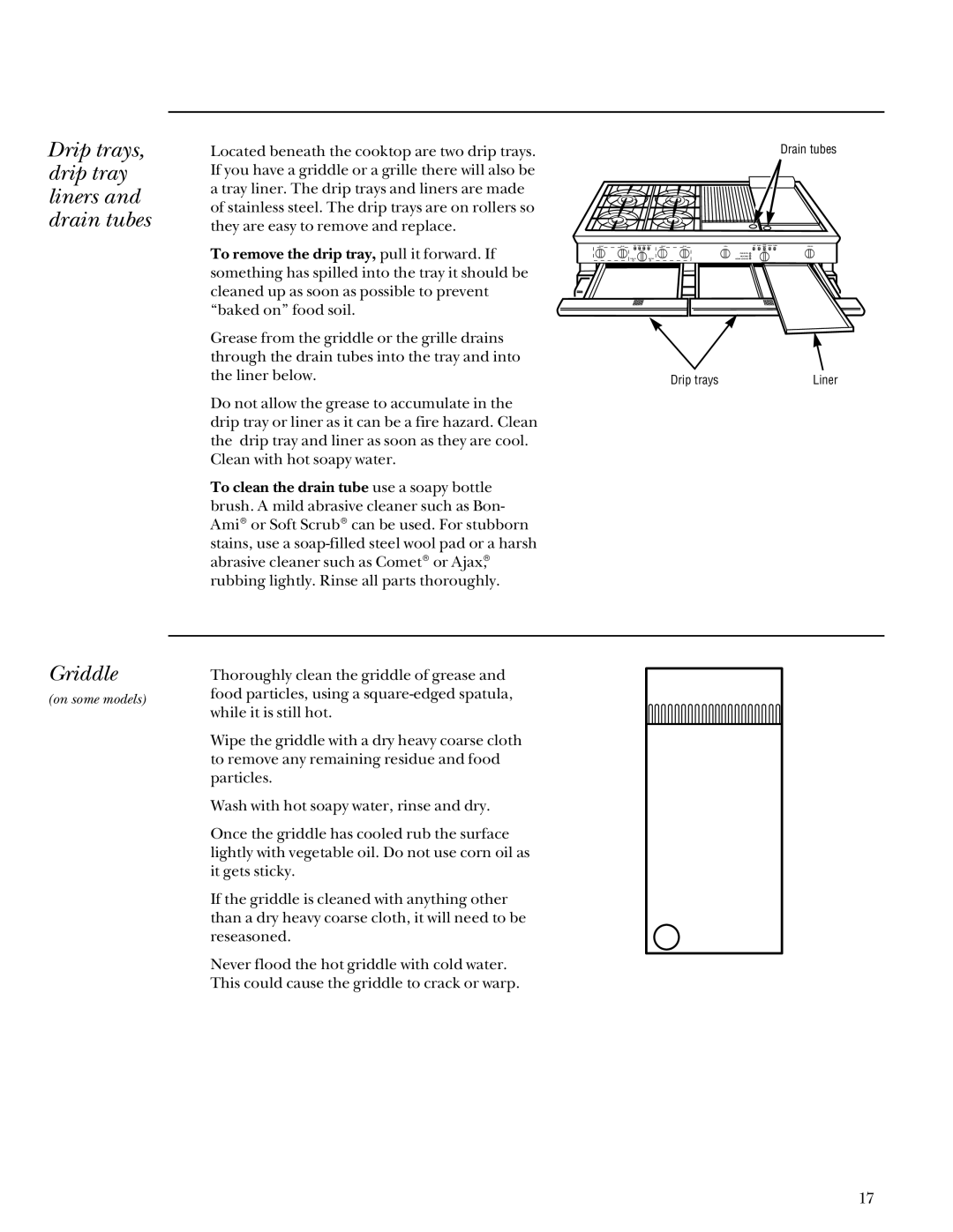 GE Monogram 164D3333P027 manual Drip trays, drip tray liners and drain tubes, Griddle 