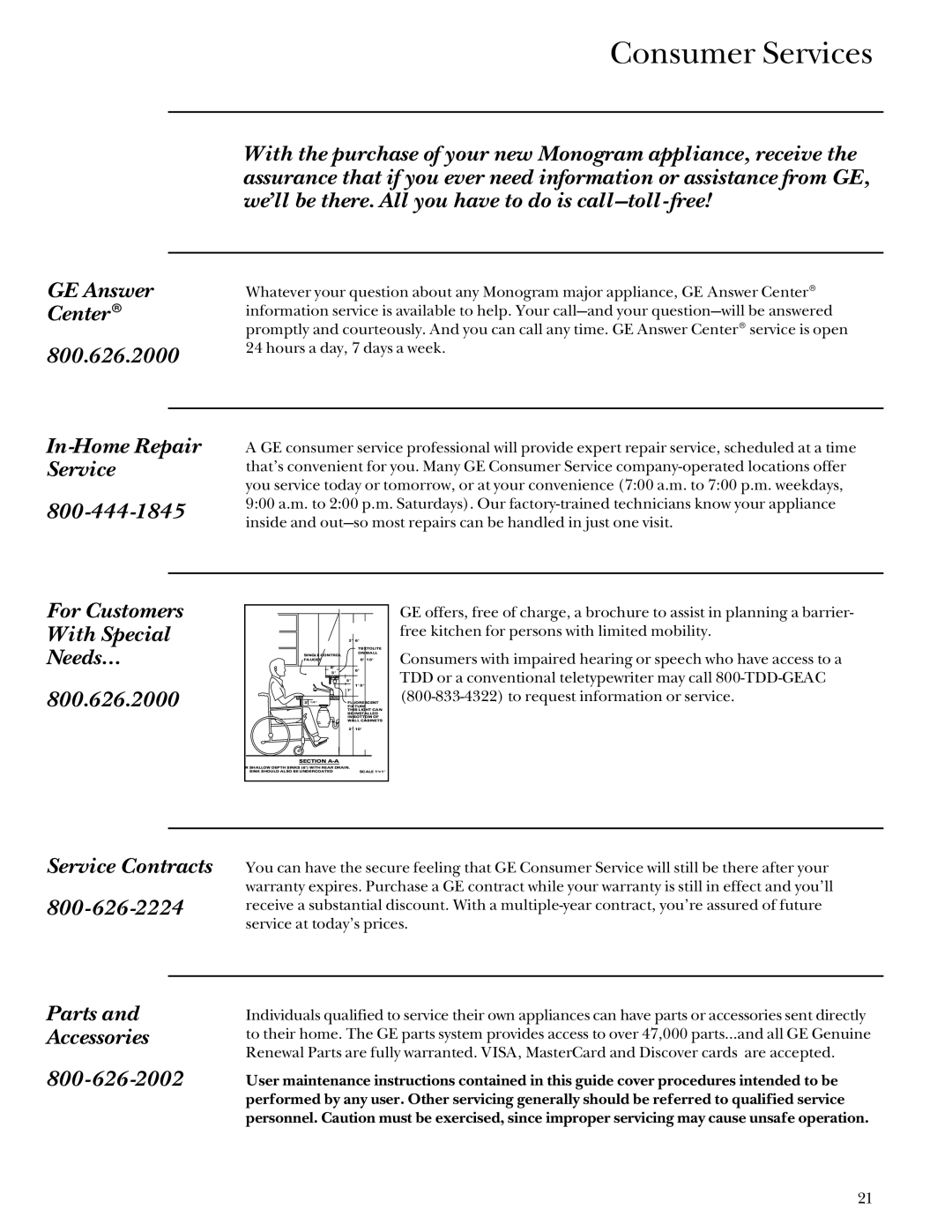 GE Monogram 164D3333P027 In-Home Repair Service, For Customers With Special Needs… 800.626.2000, Service Contracts 800 