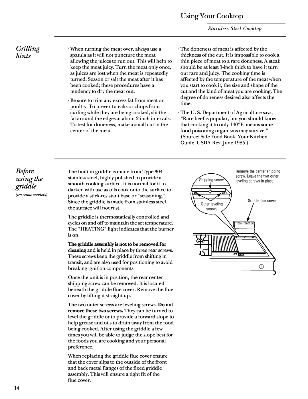 GE Monogram 164D3333P027 manual Grilling hints, Before using the griddle, Using Your Cooktop, Griddle flue cover 