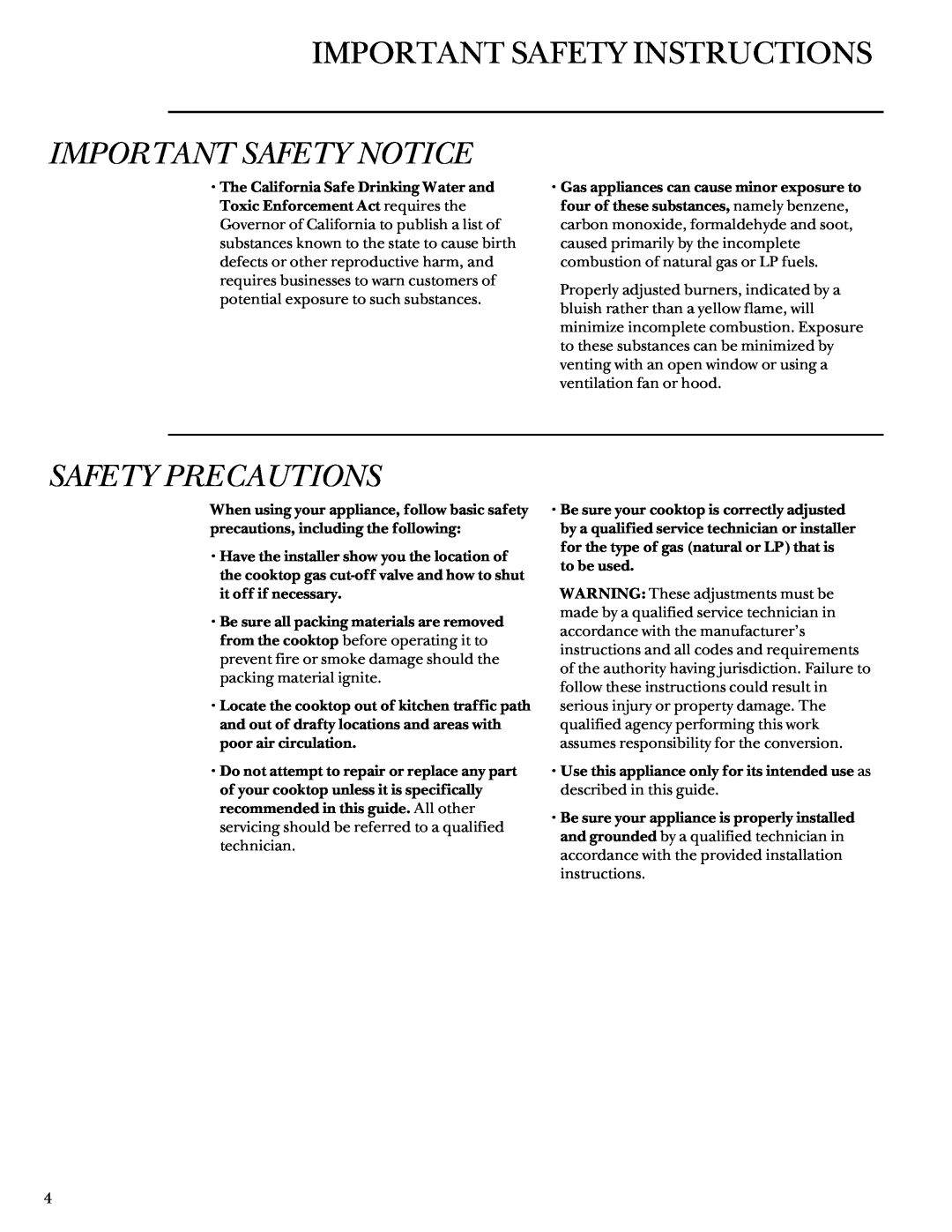 GE Monogram 164D3333P027 manual Important Safety Instructions, Important Safety Notice, Safety Precautions 
