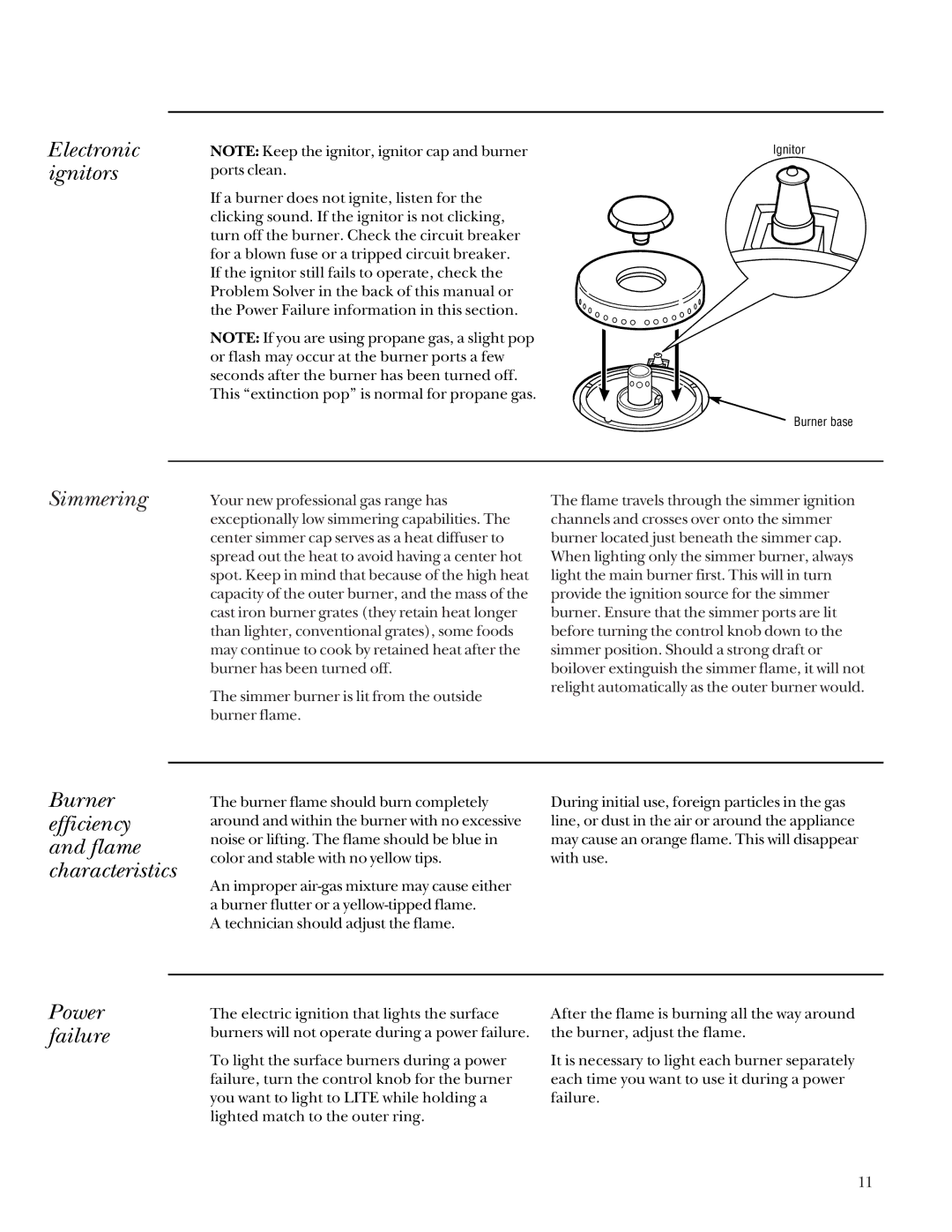 GE Monogram 164D4290P031 Electronic ignitors, Simmering, Burner efficiency and flame characteristics, Power failure 