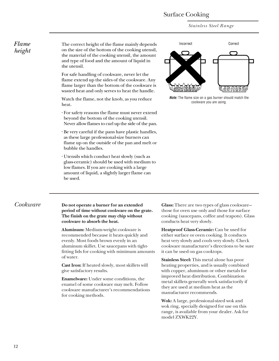 GE Monogram 164D4290P031 owner manual Flame height, Cookware 