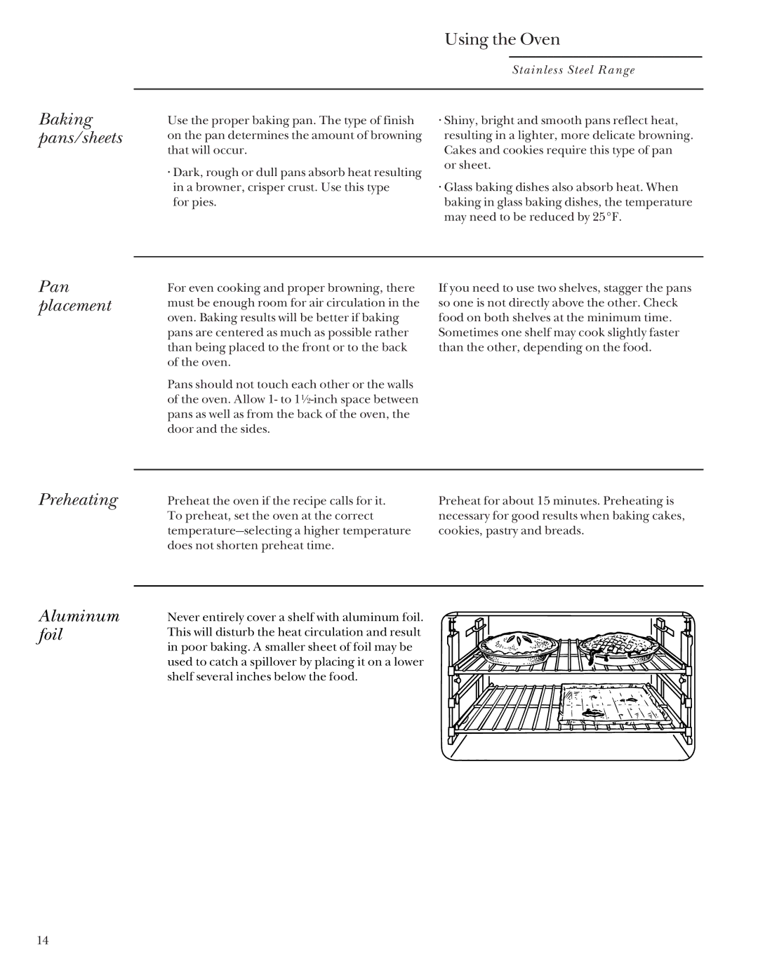 GE Monogram 164D4290P031 owner manual Baking pans/sheets, Pan placement, Preheating Aluminum foil 