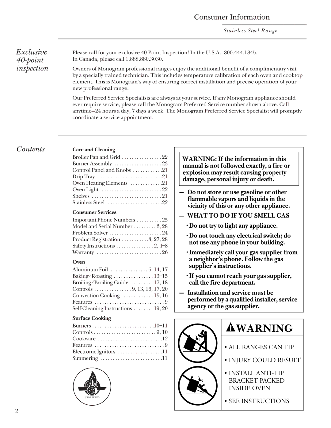 GE Monogram 164D4290P031 owner manual Exclusive 40-point inspection, Contents 