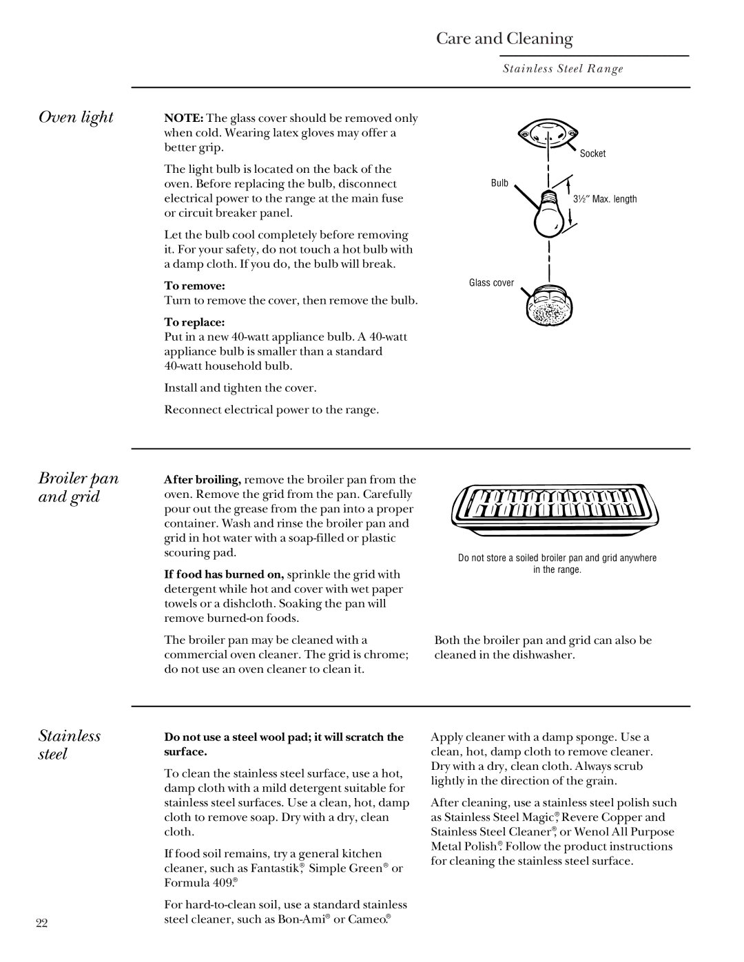 GE Monogram 164D4290P031 owner manual Oven light, Broiler pan and grid, Stainless steel 