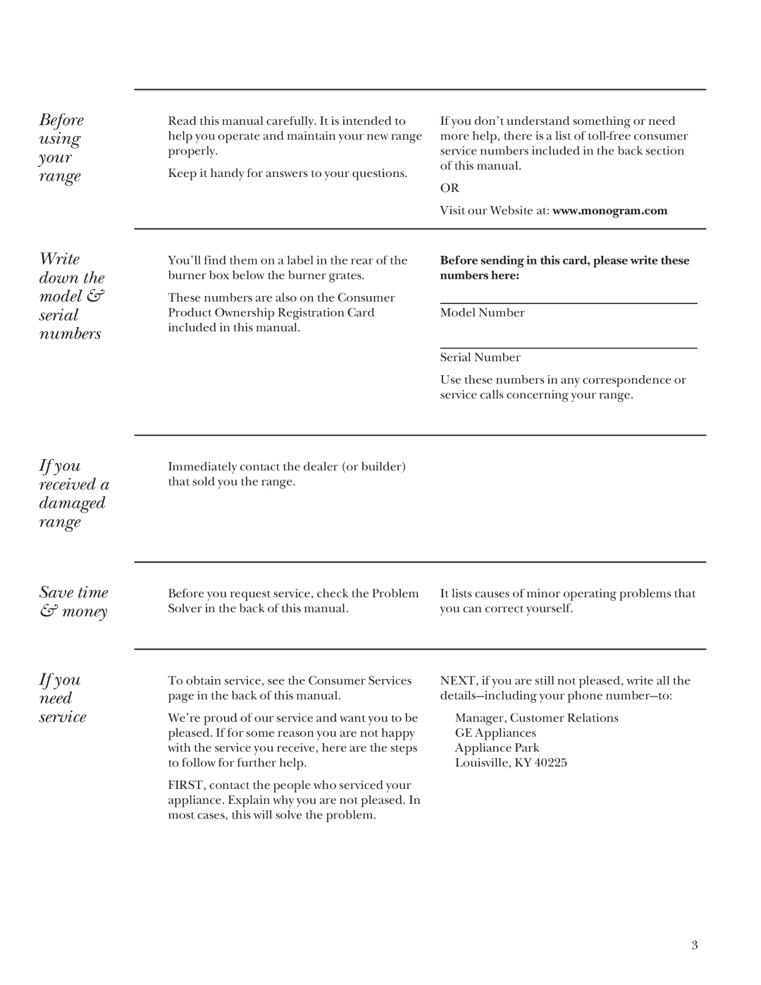 GE Monogram 164D4290P031 owner manual Before using your range, If you need service 